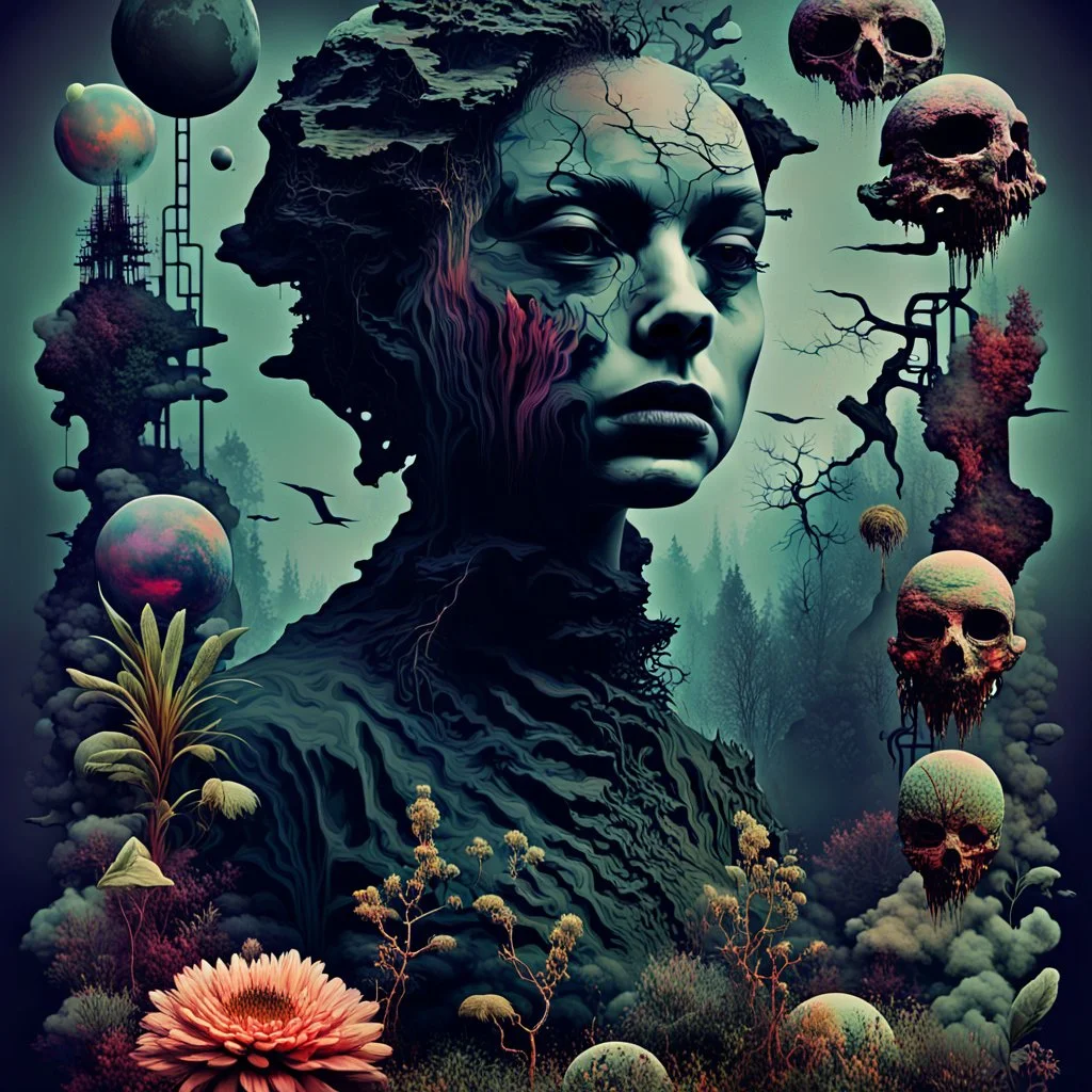 digital collage of various images and elements, such as animals faces, shadows, planets, fog, abstract symbols, mist, plants, maps, weird things, poison. The collage is composed of distorted and glitched shapes and layers, creating a sense of confusion and horror. Deep, dark colors, surreal mood, The images and elements are related to the themes of surrealism, paranoia, thriller and conspiracy, nightmare.