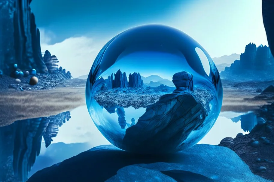 Blue transparent sphere seeing by a person, in the rocky alien landscape, infinite.