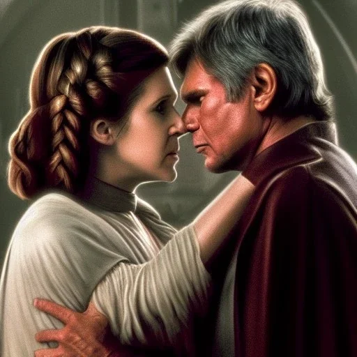 middle-aged carrie fisher embracing harrison ford in star wars, waist up portrait, photorealistic faces, intricate, masterpiece, expert, insanely detailed, 4k resolution, cinematic smooth, intricate detail , soft smooth lighting, soft pastel colors,