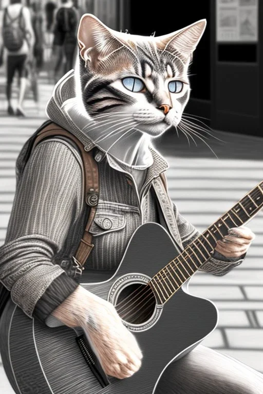 One single mature street cat, friendly, playing guitar, vienna, sunny day, perfect iris, model style, hyper realistic, extremely accurate, delicate, extremely detailed, Graphic novel style, colours, wide-angle, open aperture, superfine pencil