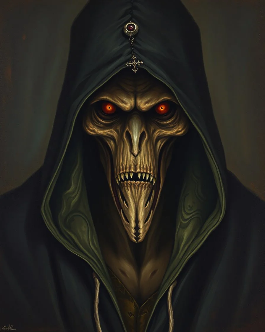Bosch painting style , a dark hooded creature open his jack