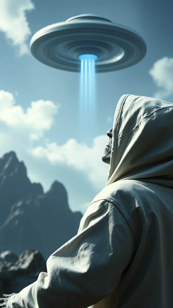 The creature from the the movie Prometheus with white hooded clothes looking up at ufo in the sky side view