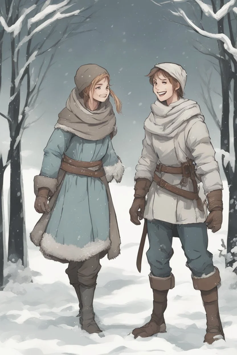 DnD style, two medieval peasant kids playing in the snow, female age 14 and male age 15, happy and playful, he has a short sword. Coats and pants