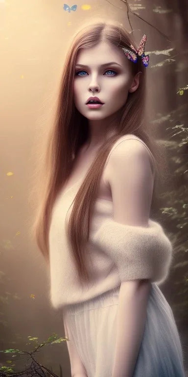 Beautiful girl in picture in foggy forrest afternoon, butterfly, 8k resolution, super detail realístic, fantasy