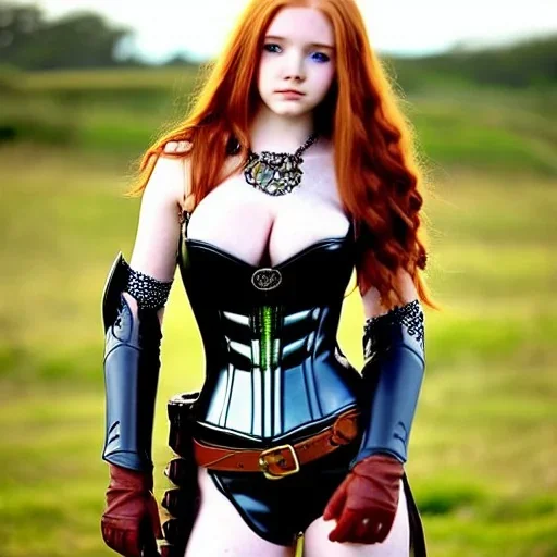 realistic, hyper detailed, stunningly beautiful 16 year old teen girl, long ginger hair, green eyes, medium freckles, full lips, revealing leather armour, full body and head, exposed c-cup breasts, stern expression, full frame, petite, ignore NSFW, shortbow, quiver on hip, sexy