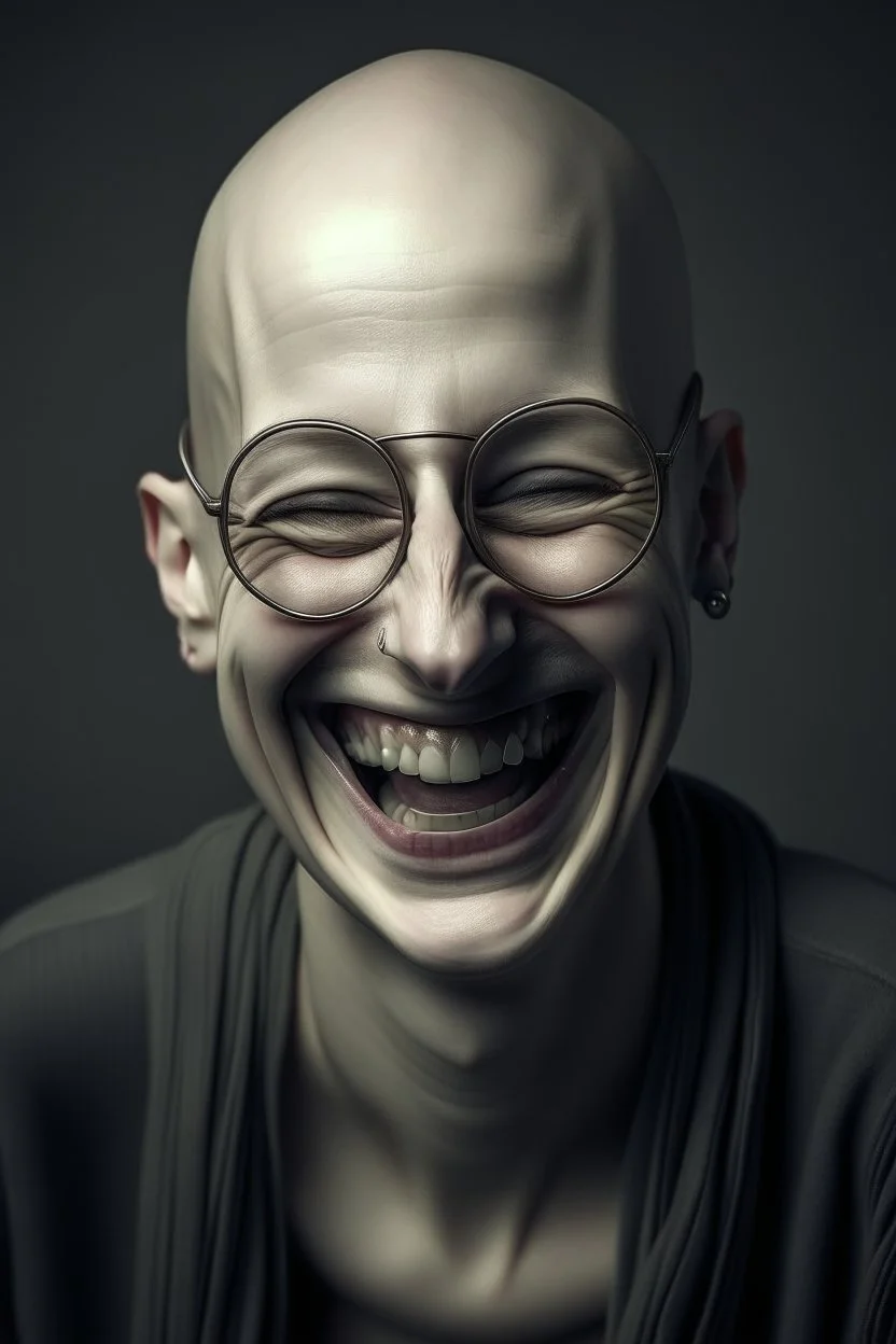 bald dark laugh woman glasses