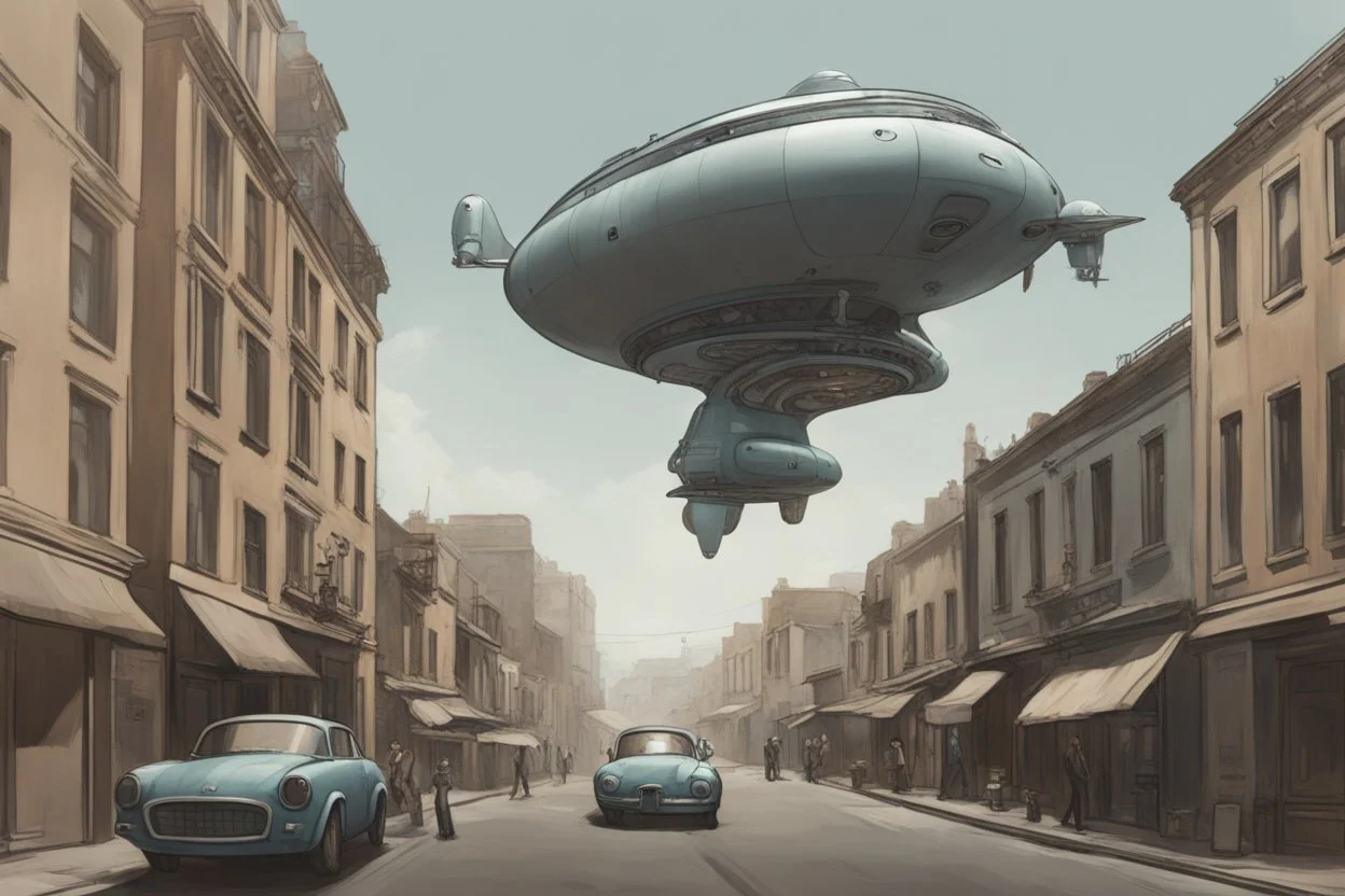 small, sleek, cargo spaceship, looking like the Seaview flying sub, landing on an alien street