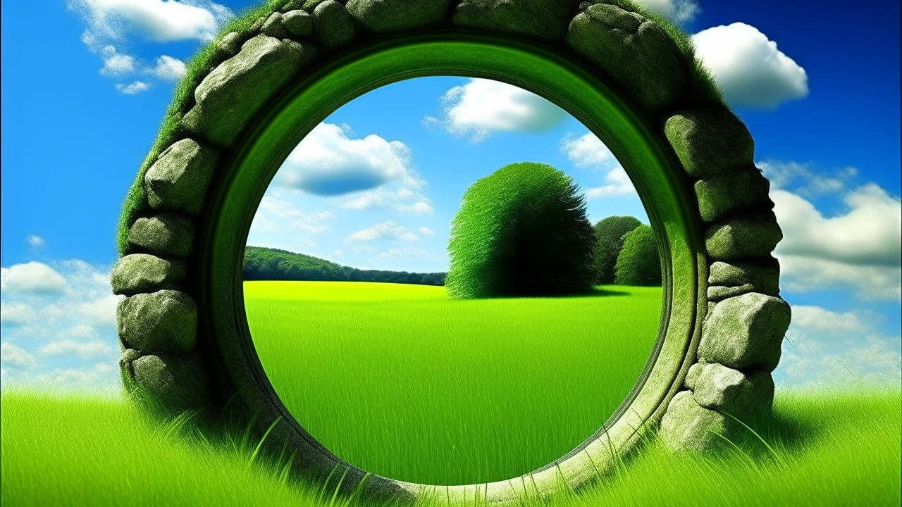 A round window in a stone wall offers a view of a vibrant, lush green field under a clear blue sky. The window's arched shape centers the view and creates a sense of symmetry. The stone wall is rough and aged, adding a rustic charm to the scene. The contrast between the rugged wall and the smooth, grassy field enhances the visual appeal of the image.