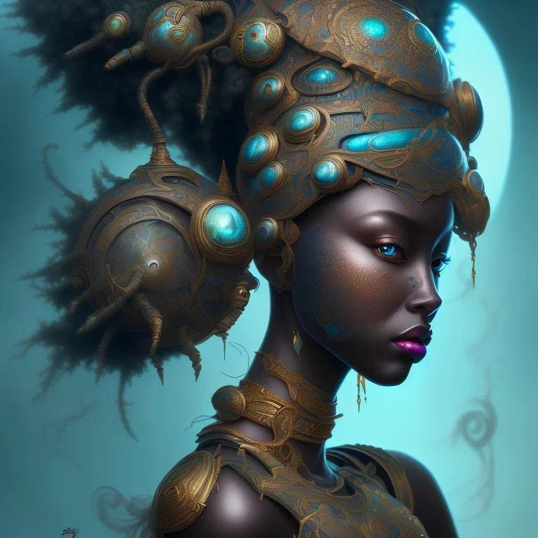 sango fantasy, fantasy magic, intricate, sharp focus, illustration, highly detailed, digital painting, concept art, matte, masterpiece head sexy view black African beauty black afro hair space lady turquoise carp skin African space landslide