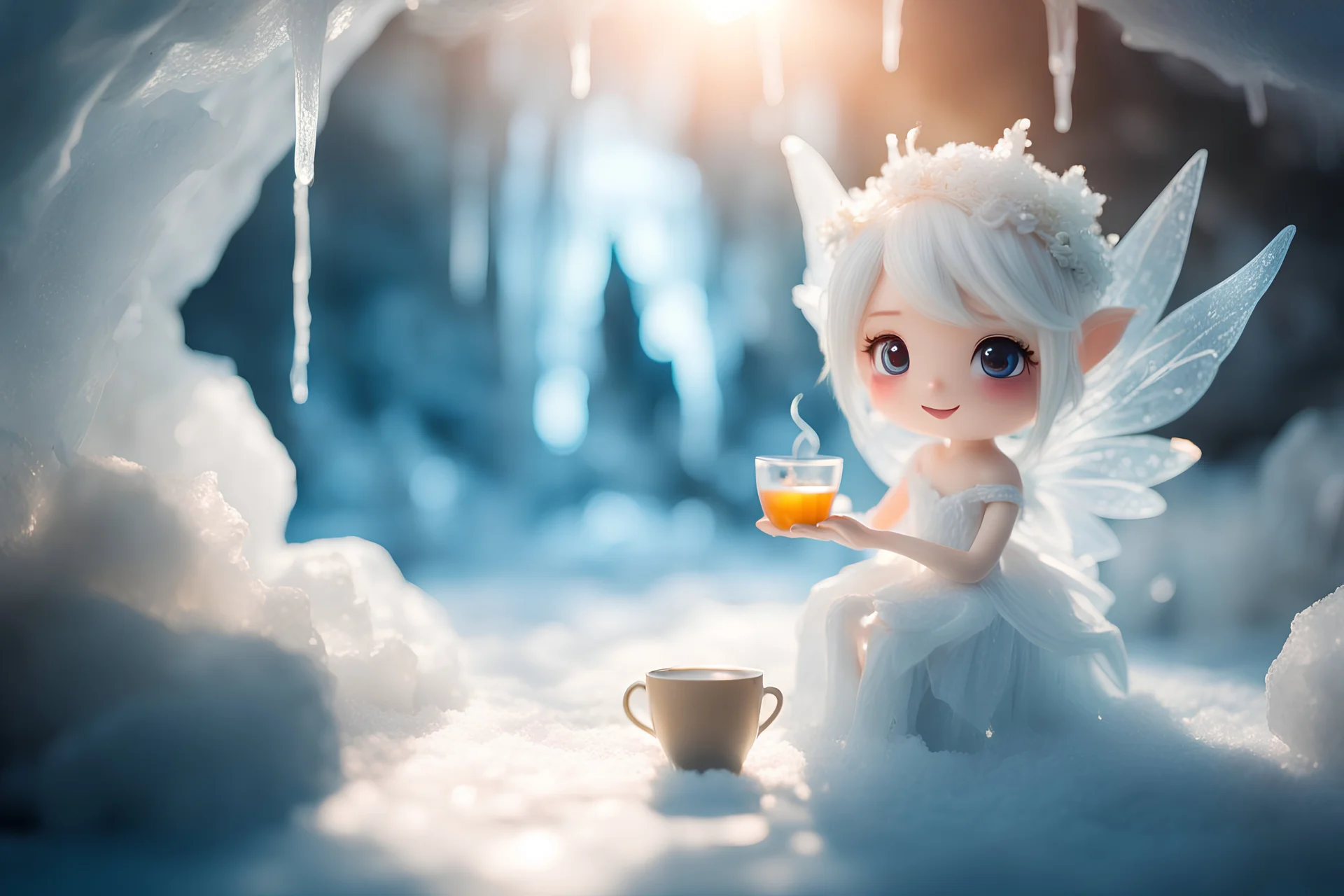 cute chibi ice fairy in an ice cave with tea in sunshine, ethereal, cinematic postprocessing, dof, bokeh