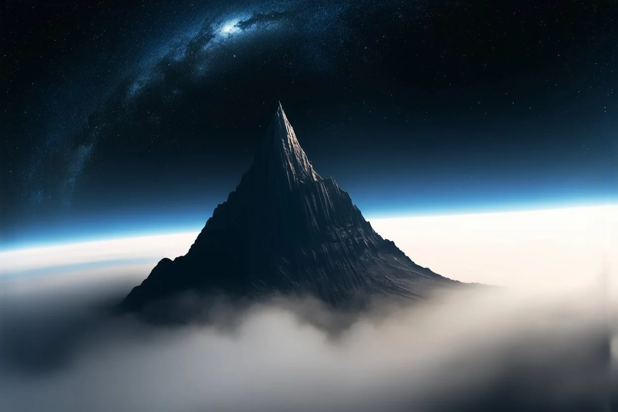 a fog planet's atmosphere is pierced by a single enormous mountain peak. a curved horizon separates the starry space