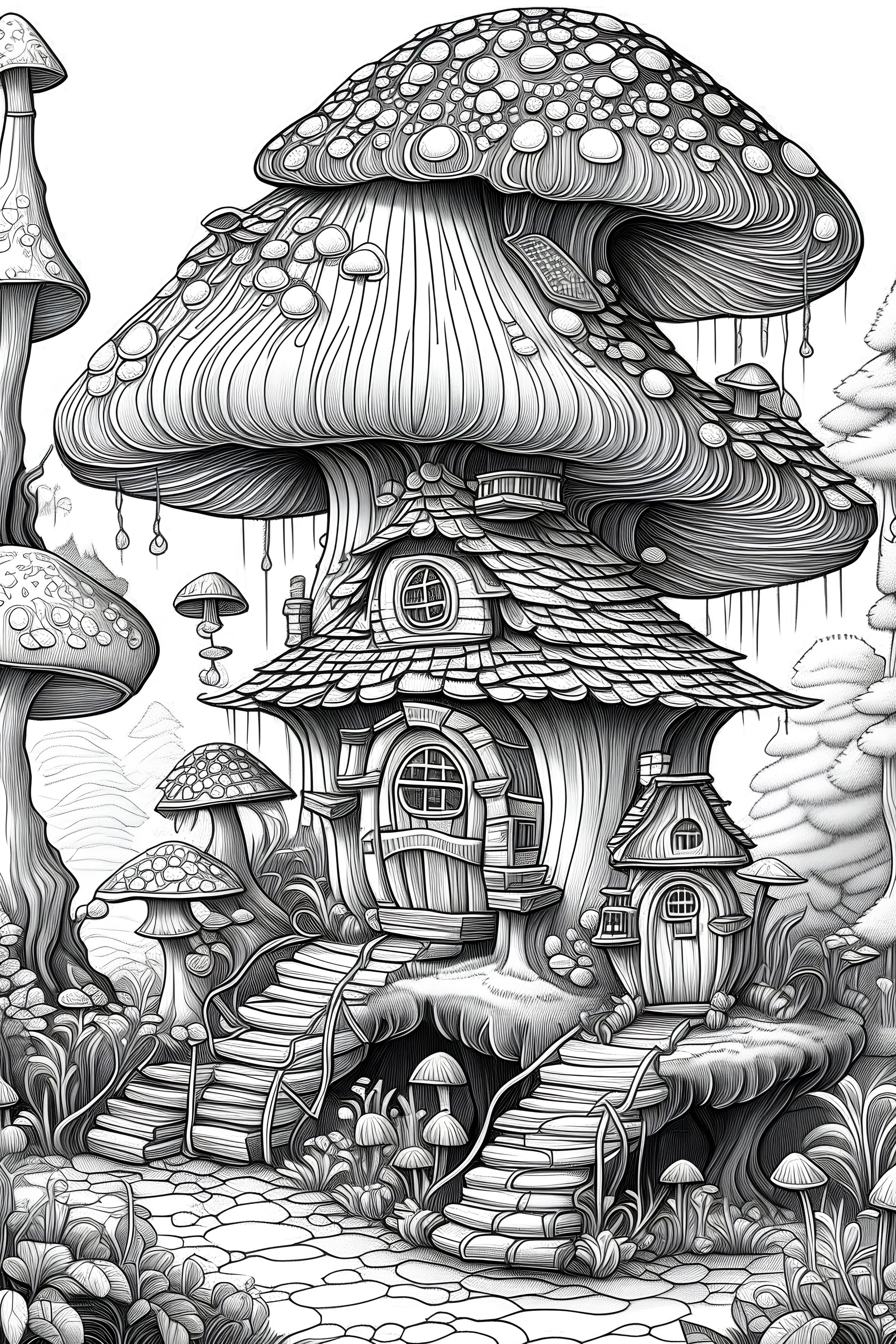 mushroom tree house in the forest Coloring Book for Adults and Kids, Instant Download, Grayscale Coloring Book