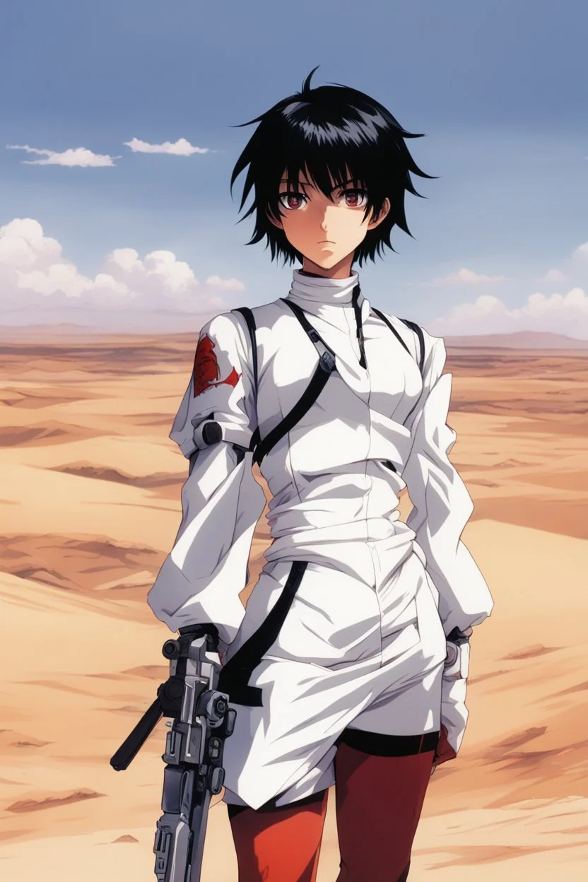 Meryl Stryfe Trigun young girl short black hair anime white clothes standing in the desert