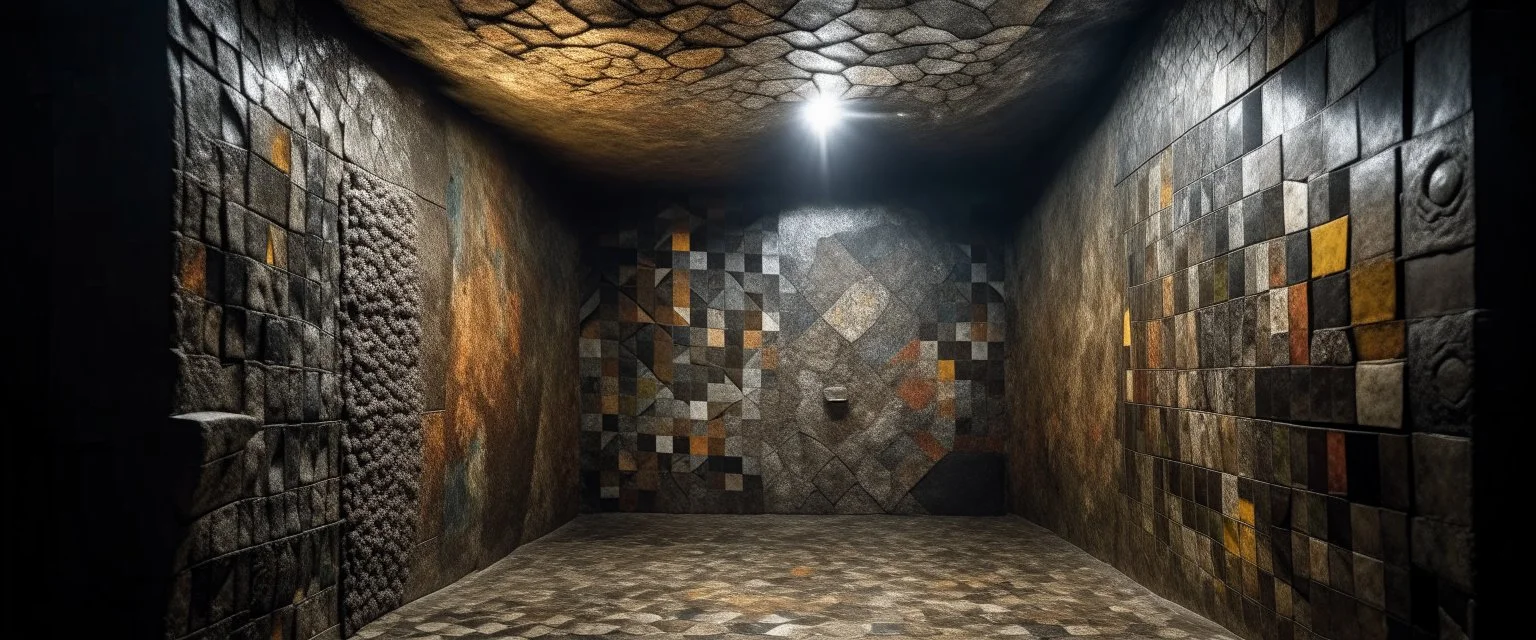 A gray metallic cave with iron designed in ancient Greek mosaics painted by Paul Klee