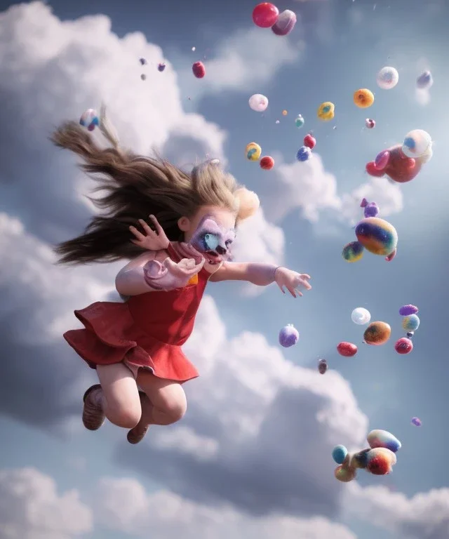 Ultra realistic speed clouds sky scene, wide angle view, childs falling down with many Childs background, circus dress style, feather color, free jumping flying, many trinkets, hair monster, many jelly beans, balls, color smoke, smile, happy, extreme, wind, clouds sea, 20,000 feet altitude, stratosphere, soft color, highly detailed, unreal engine 5, ray tracing, RTX, lumen lighting, ultra detail, volumetric lighting, 3d, finely drawn, high definition, high resolution.