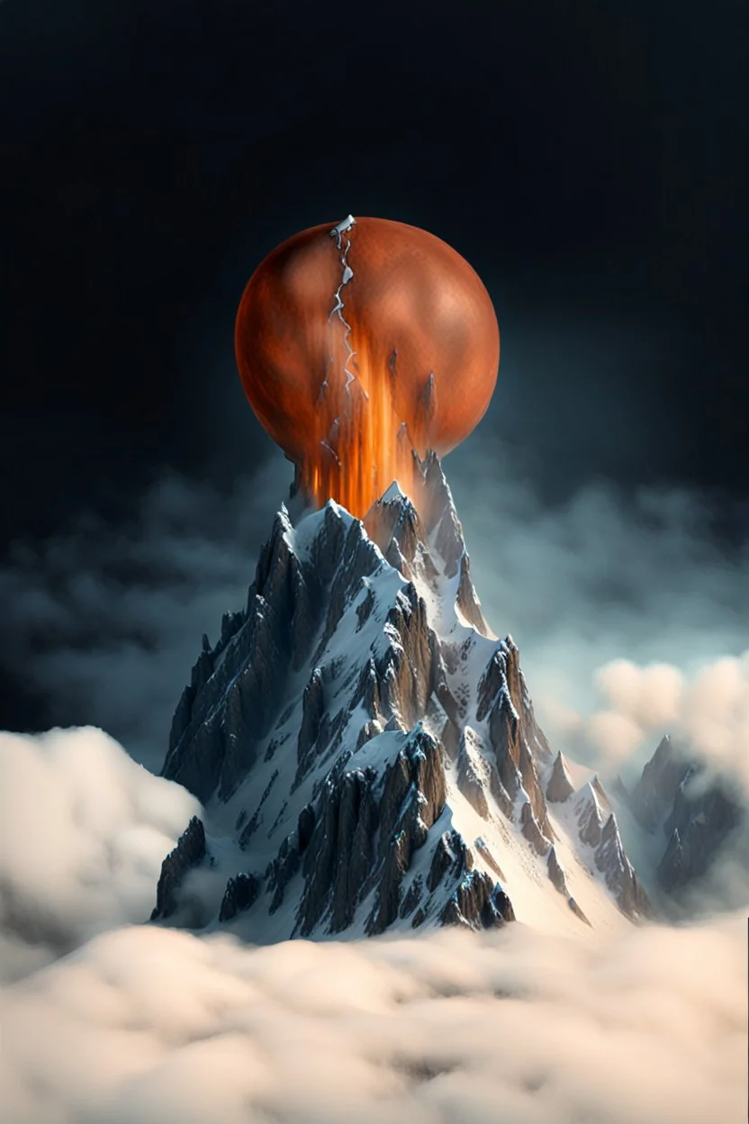 a single mountain rises out of a misty foreground shrouded in mist. The top peak of the mountain sticks into a big broken cracked destroyed shattered sphere. cinematic lighting, artstation, grim mood, looking up camera angle