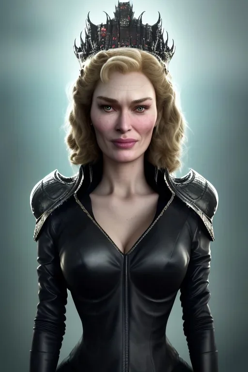 Cersei Lannister as evil queen in black leather coat, busty, cleavage, voluptuous, lena headay, angry, stern look. character design by cory loftis, fenghua zhong, ryohei hase, ismail inceoglu and ruan jia. unreal engine 5, artistic lighting, highly detailed, photorealistic, fantasy