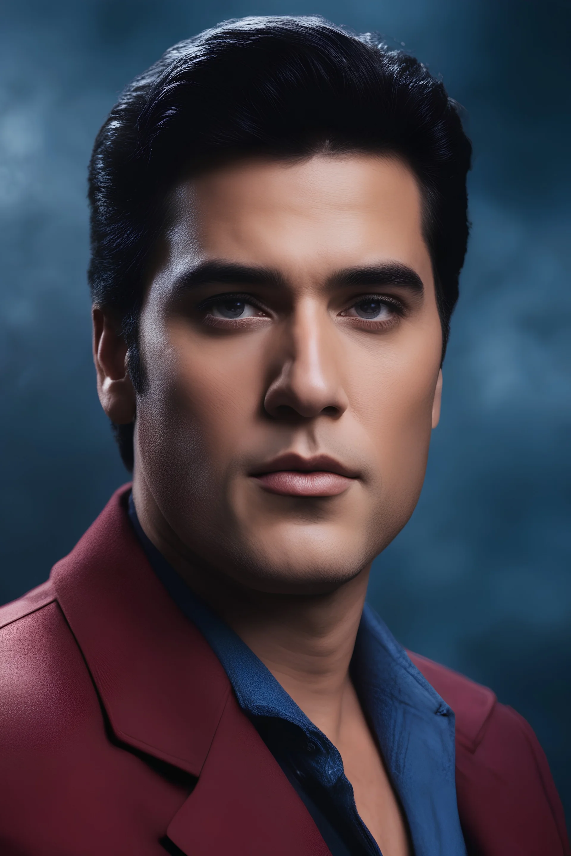 facial portrait - Elvis Clark Kent - 32k, UHD, 1080p, 8 x 10, glossy professional quality digital photograph - dark blue and dark red, and light maroon and purple and foggy black gradated background, historic, powerful, octane rendering, exquisite detail, 30 - megapixel, 4k, 85 - mm - lens, sharp - focus, intricately - detailed, long exposure time, f8, ISO 100, shutter - speed 1125, diffuse - back - lighting, ((skin details, high detailed skin texture)), (((perfect face))),