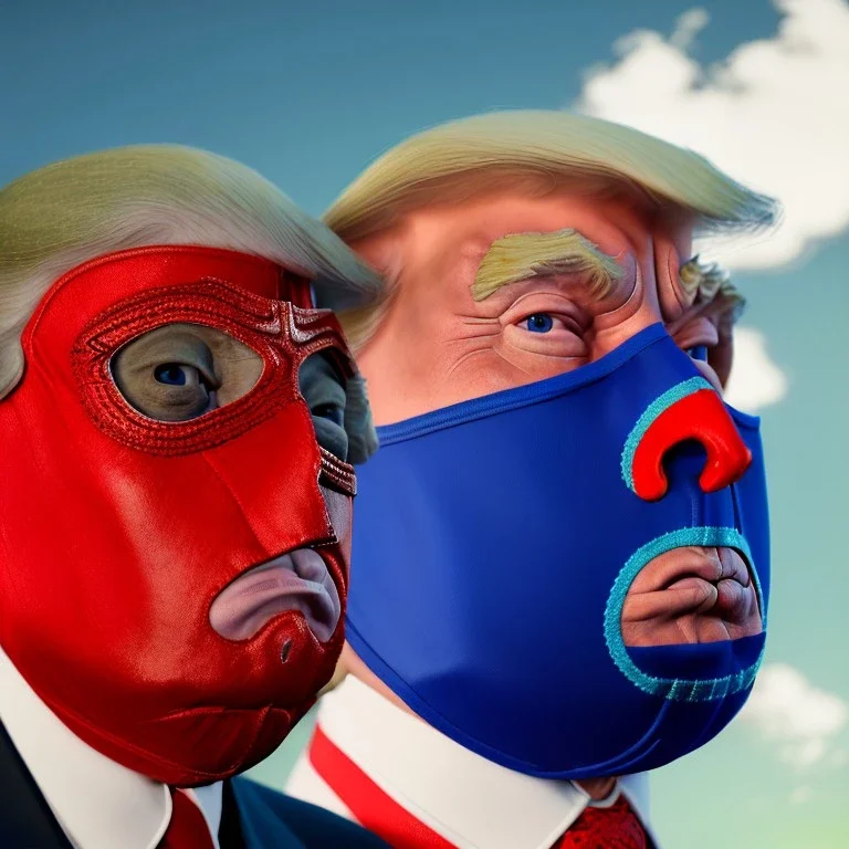 realistic image of donald trump as a mexican wrestling fighter posing outdoors, Mexican eyes wrestling mask, red and blue breeches, suspenders, retro style, 80s, vibrant color, highly detailed, sky background, concept art, unreal engine 5, god rays, ray tracing, RTX, lumen lighting, ultra detail, volumetric lighting, 3d, finely drawn, high definition, high resolution.