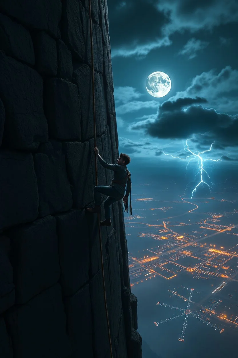 Peter climbing down the immense tower using the handmade rope, moonlight and stormlight flickering across the scene, the rope stretching dangerously thin.