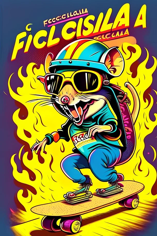 A rat on a skateboard, with glasses and a helmet; the rat laughs; fire coming from behind; cartoon style complementary colors, with the text "FISCALIA COLOMBIA"