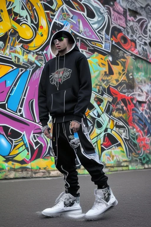 the coolest rapper ever with hoody and trendy clothes. graffiti wall in background are full of nft images and crypto currency symbols