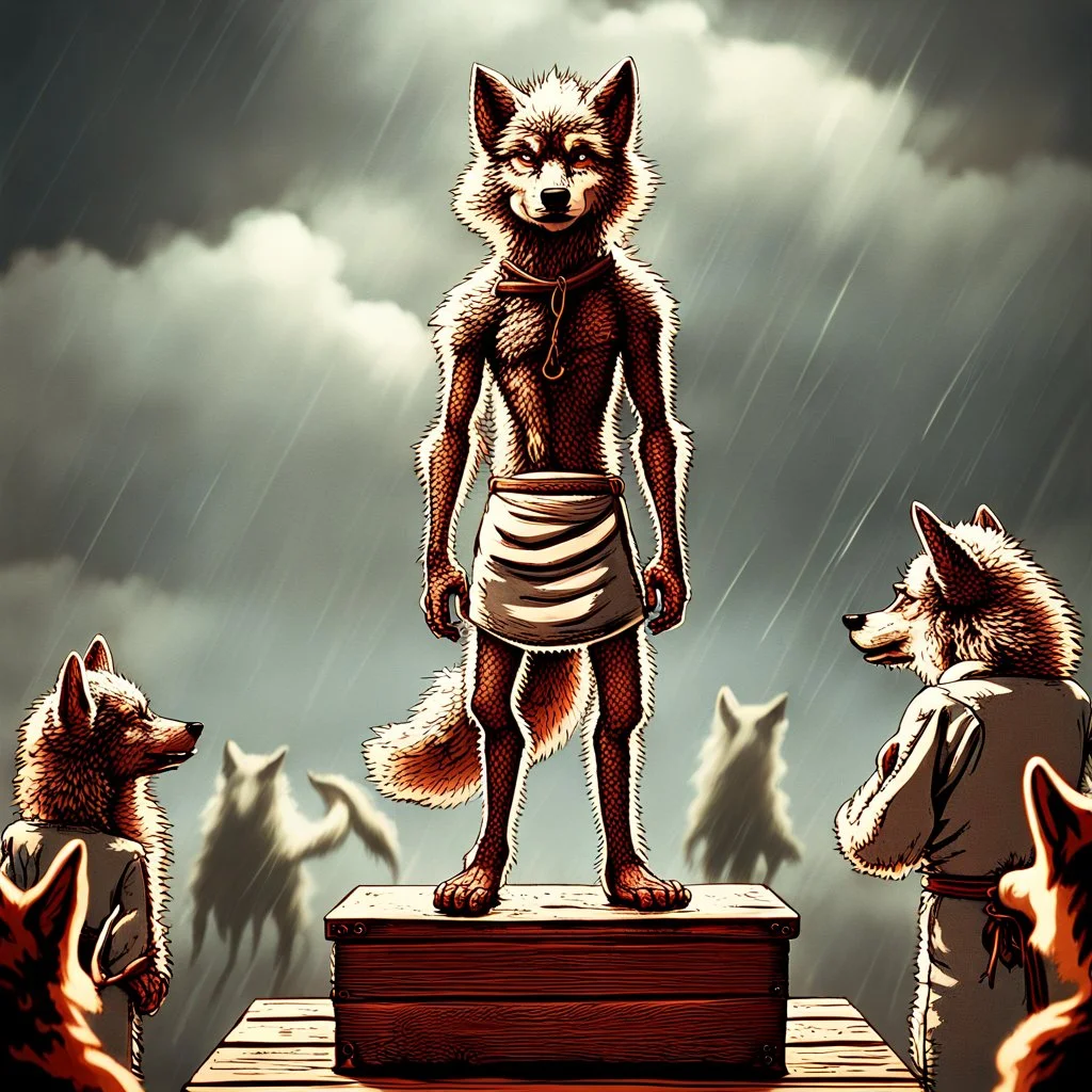 stands on top a wooden box a thin, young sad anthropomorphic wolf in full body hair with autentic wood-bone necklace hanging in his neck and in white belt , front him two older anthropomorphic wolves white Chef's Bib Snap Apron look at him, stormy sky, in blur background more different anthropomorphic wolves stand in body hair and looking them , realistic, detailed, cinematic, sci-fi, digital art, fantasy mood