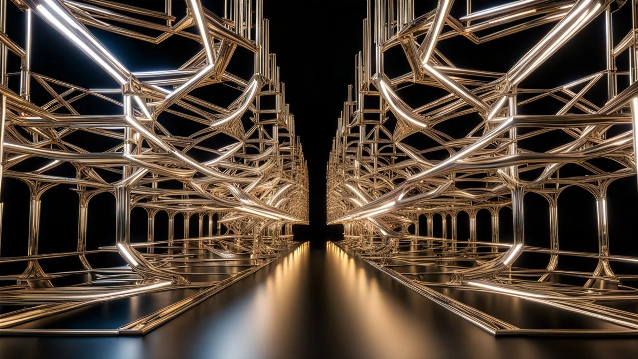 a 3D recursive stage structure made of metallic color 3d fractal like stuctures, dynamic lights,16 by 9