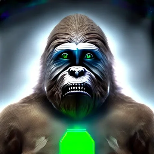 Highly detailed image of scary evil bigfoot Sasquatch with iridescent green space suit,missing helmet face shield,growling ferocious,dark fantasy,science fiction horror,evil, murderous,haunting,scary intricate details, cinematic, 8k, ultrarealistic, unreal engine,1950s looking, in the style of HR Giger