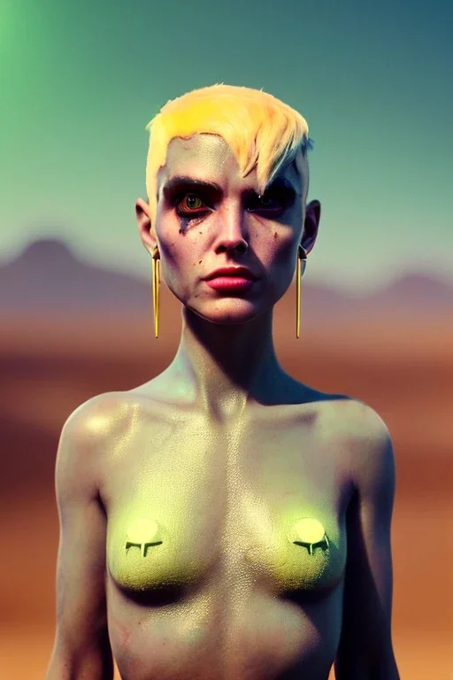 Fashion Portrait, tank girl, make up, natural busty, retro futuristic style, glow eyes :: desert scene :: cinematic, Ultra realistic, wide angle view, soft color, highly detailed, unreal engine 5, RTX, ultra detail, volumetric lighting, 3d, finely drawn, high definition.