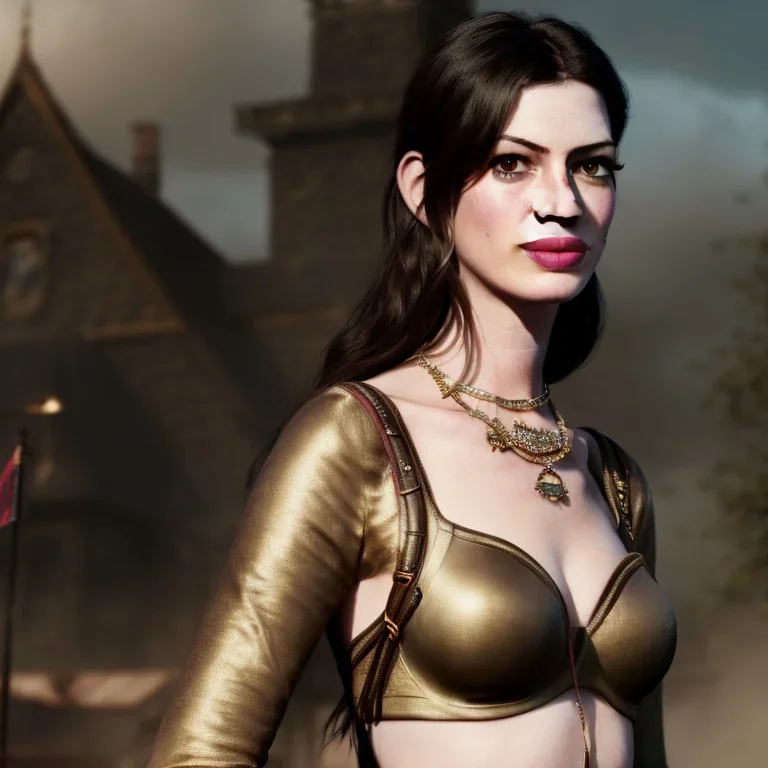 only perfect Anne Hathaway, wearing victoria secret, village, highly realistic, highly detailed, viking clothes, mist around, smoke