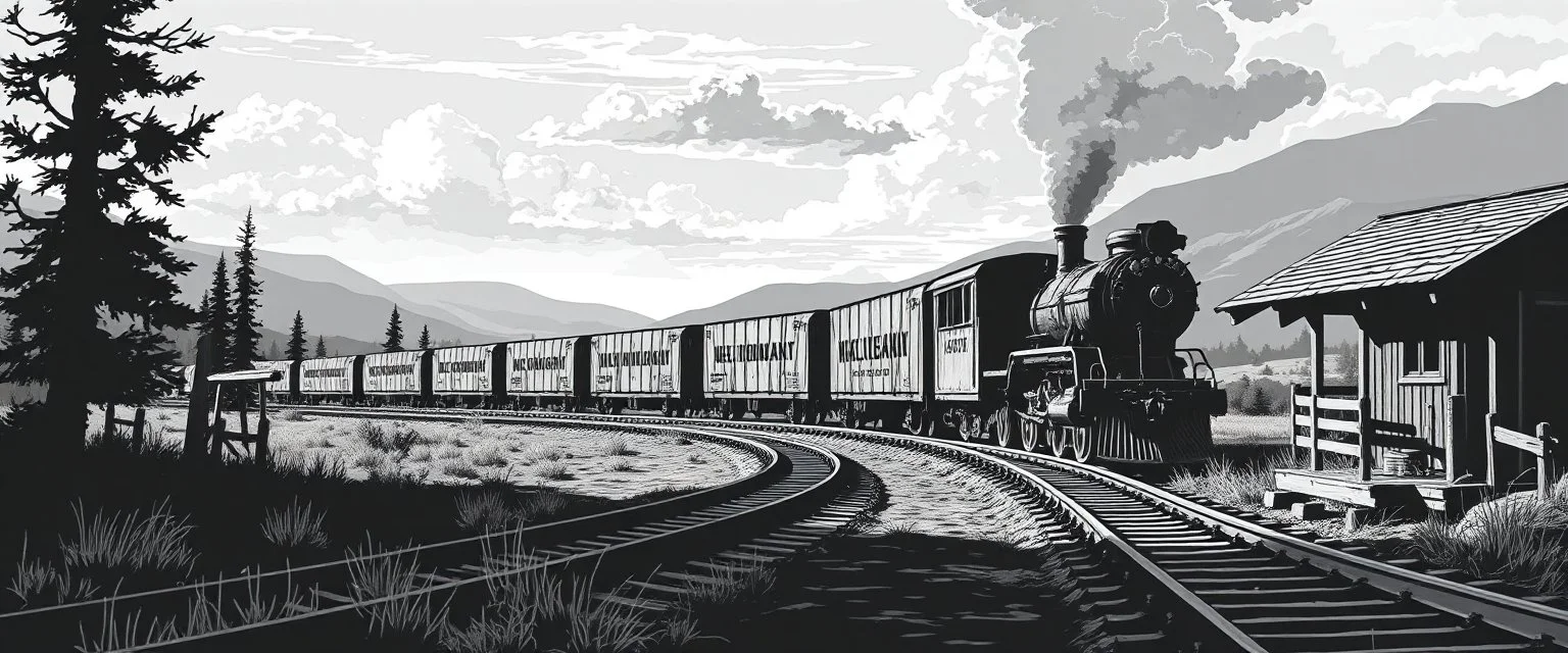 old western railroad, grayscale, illustration
