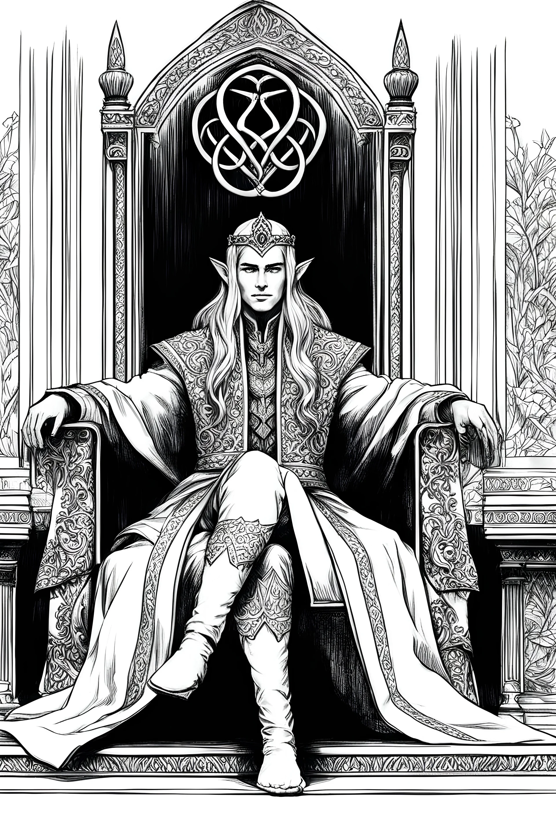 ink drawing, line art, clipart, simple line illustration, white and black, sketch style, only use outline, White background, well outline, clear, no shadows, no gray filling, no black filling, real face A 40 year elven king sits casually on a grand throne, adorned in regal robes and a splendid crown, radiating an aura of timeless wisdom and grace. Crossed legs. His relaxed posture suggests a nonchalant elegance. Behind him, an intricately carved wall displays the elven crest, with elegant torche