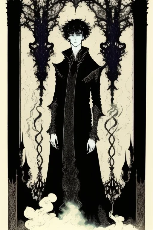 17 year old boy, necromancer, friendly, looks dead, surrounded by weird smoke with eyes, wearing black robes, in the style of Harry Clarke