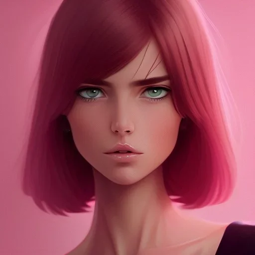 crystal clear blue eyes, and dark pink hair, dot eyebrows, woman, angry expression, pointy ears, long hair, sexy