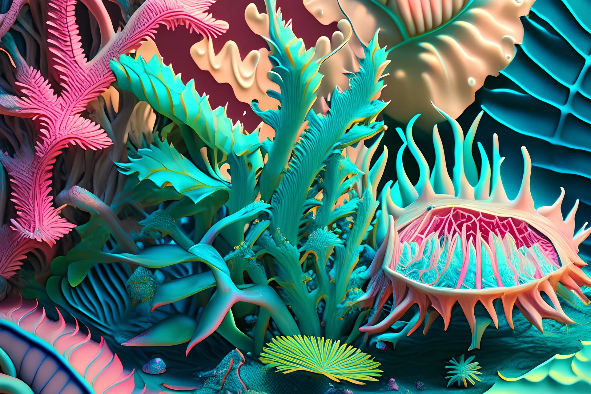 hyperdetailed photorealistic flytrap, background lush tropical lagoon, 16k resolution, wildlife photography, dynamic lighting. detailed matte painting, deep color, fantastical, intricate detail, splash screen, complementary colours, fantasy concept art. Woodblock carving, moulded resin forms and enamel, shell-pink and baby blue and light green pearlescent sheen. 3 dimensional forms with soft shadows, background faded water colour, Bas-relief, Chiaroscuro, Neon Black, Melting wax