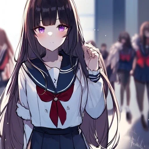 Clear focus, High resolution, rough line sketch, black long hair chopped bangs, purple eyes, wearing a sailor uniform with a red bow, fluffy bangs