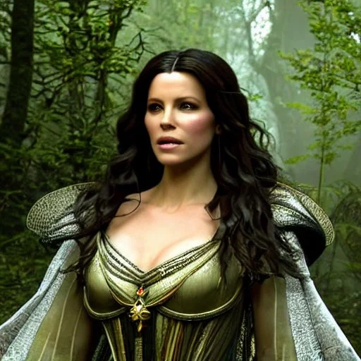 art by Alfons Mucha, stained glass motif, whole body image of beautiful Kate Beckinsale as Yennefer the Sorceress from The Witcher in a mystical enchanted forest opening a portal to another world, HD 4K, sharp detail, photo-realistic accurate face and features, cinematic lighting, award winning imagery