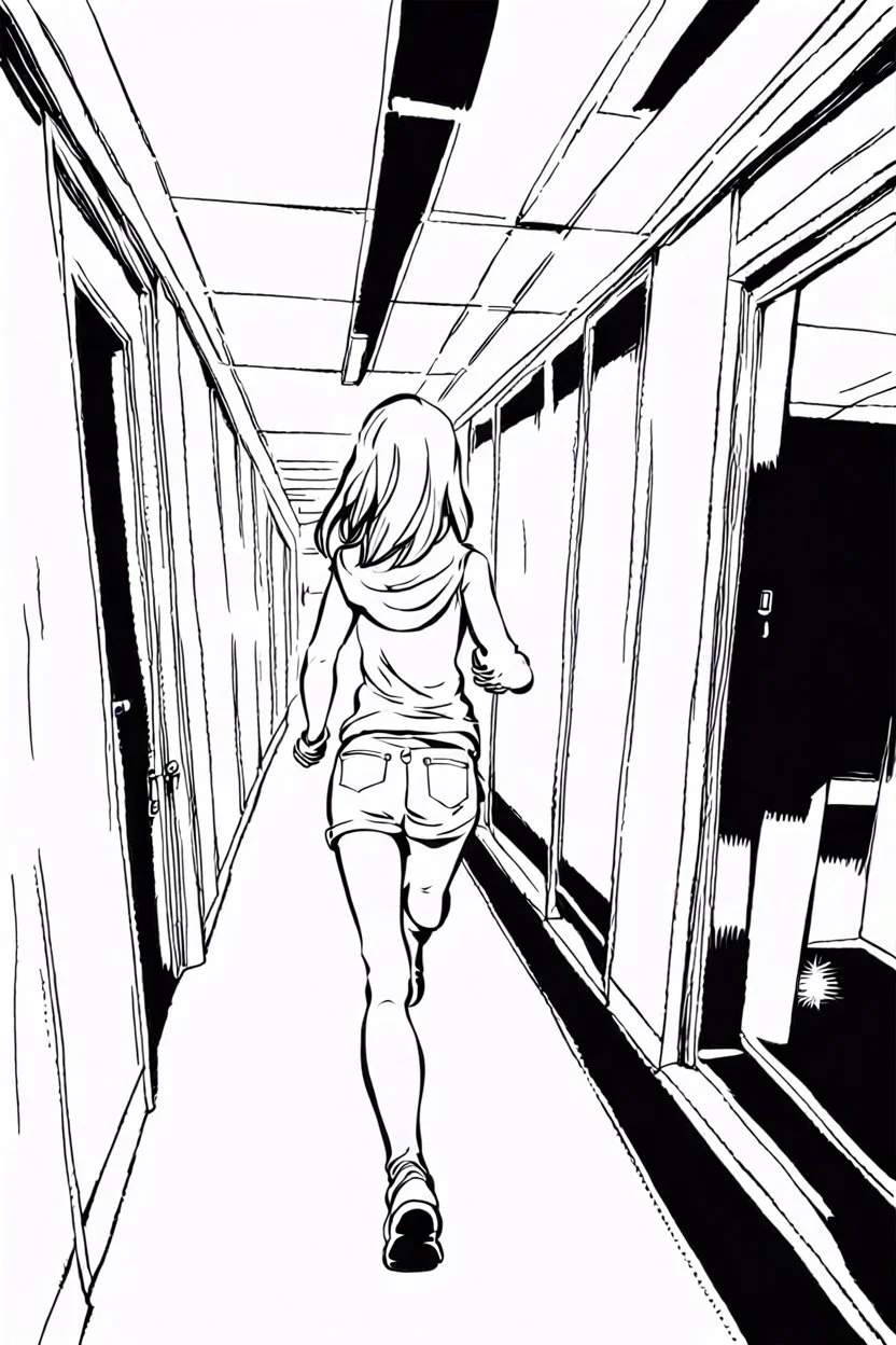 blonde girl runs in a corridor, back view, line arts, manga style