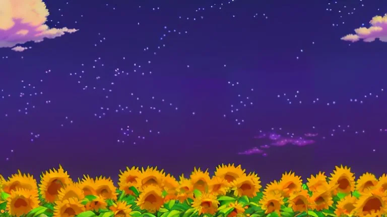 purple sky full of stars, sunflower field, anime