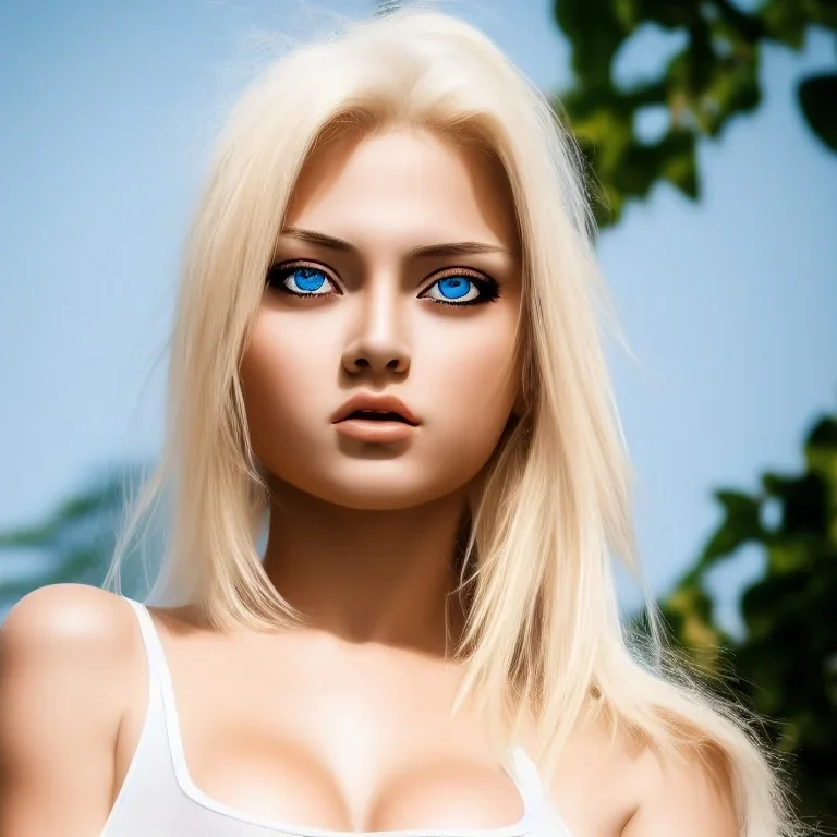 masterpiece, best quality, sexy beautiful girl, full body, blond flutter hair, white t-shirt, highly detailed face and eyes, sun light, 4K, RAW, depth of field, high contrast, realistic details, 150mm