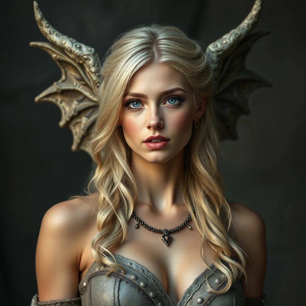 a portrait of an attractive blonde fantasy woman who is half human, half stone gargoyle