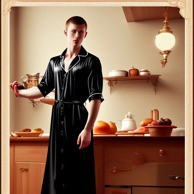 Russian shorthair beautiful 20-years guy boyish boylike wide hips in black girlish nightgown in kitchen