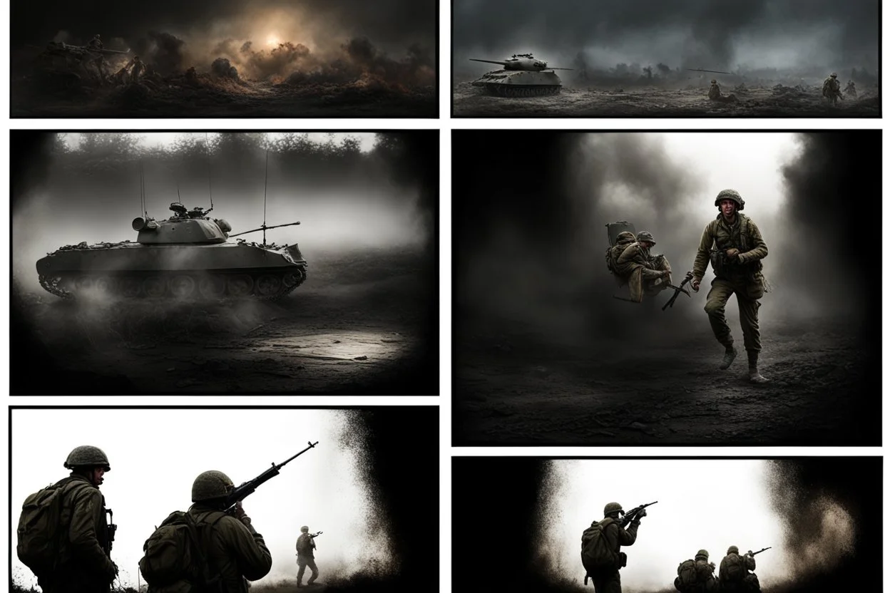 Masterpiece1:5)(Fineart), (award-winning:1.5), highest quality, (ultra realism:1.5) war journalism(,(by Tim Page and Hoorst Faas:1.5))(photorealistic:1.8),RAW pictures (Eastern Ukraine:(panel one:the moment after a battle ends, horrors of war, wounded men),(2nd panel, cinematic shot of men sitting in trench with 1000 yard stare (focus on their eyes:1.5)),(the third panel shows troops tired but hyper alert), (the fourth panel shows the sky is filled with incessant, fire and smoke,)