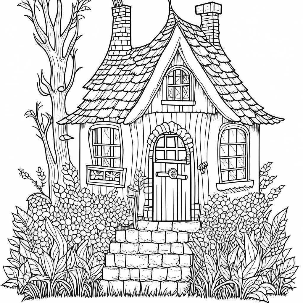 A fairy house, Secret Garden Nook, coloring page, exact shape, real image, minimal lines, white back ground color, real style, realistic, minimalistic, minimal black line art, line art, crisp line art, unique coloring sheet, outlined, outline, crisp, crisp line edges, illustration, thin lines, crisp clear lines, line art, clean line art, unique, 8k, no colors, no dark color, no black color, avoid thick black, minimalistic line edges, pure white back ground,