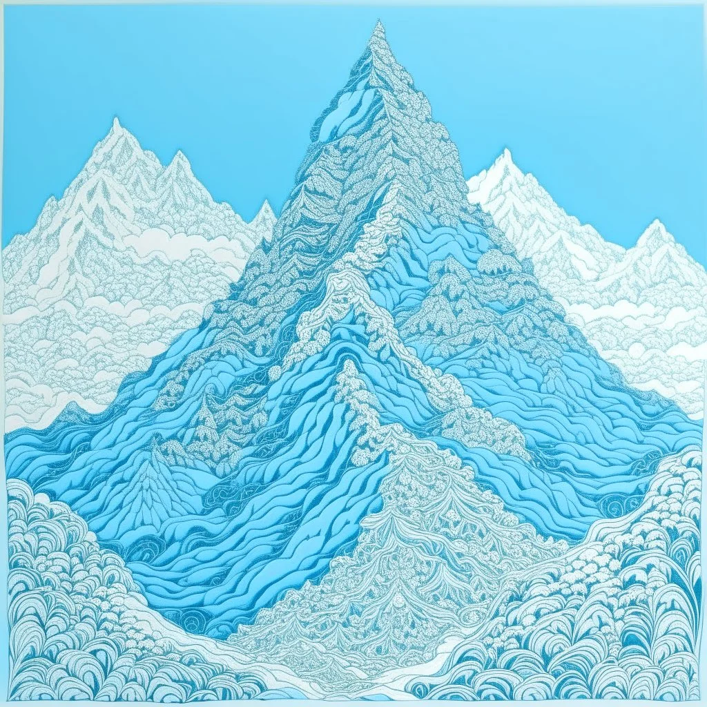 A cyan mountain in winter season covered in ice and snow designed in Mehndi design painted by Katsushika Hokusai