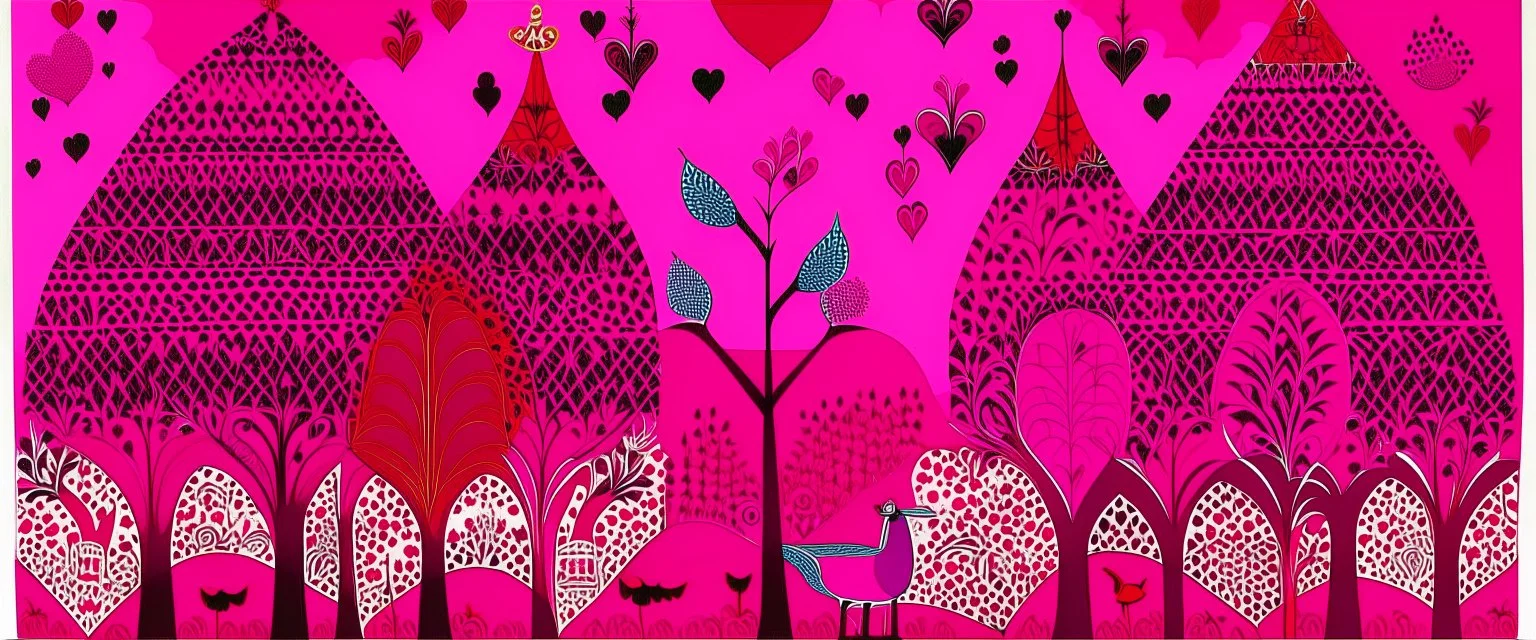A magenta kingdom with hearts designed in Indian Gond art painted by Georges Seurat