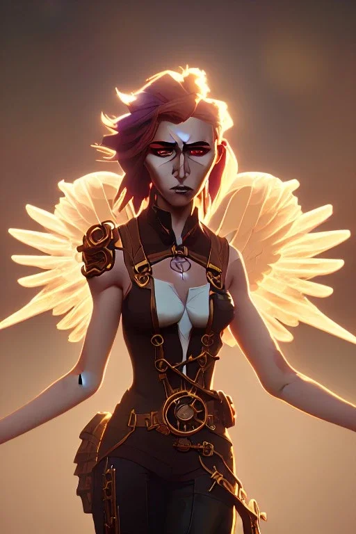 steampunk angel, pale, clouds, golden glow, majestic, heroic