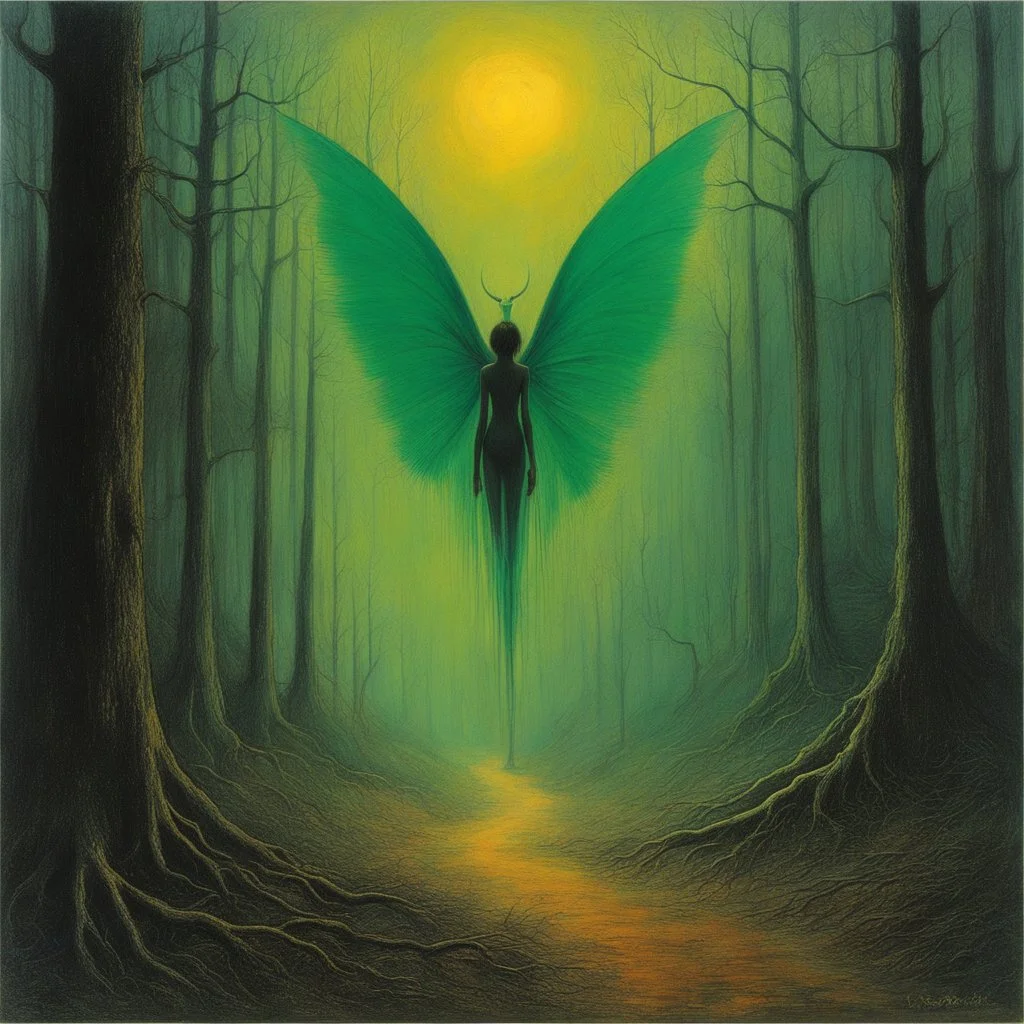 [art by Zdzisław Beksiński: sadness, alcoholism, toxic forest] The weirder the better. Alcohol, a dangerous elixir, only worsened Tinkerbell's struggles. Her once radiant wings dulled, her spirit withered. Lost and disconnected, her emerald eyes now reflect profound sadness. Clutching the stolen glass, she seeks solace in its warmth. The forbidden vessel mirrors her desires. Longing and hesitation dance in her gaze. The amber liquid sways, casting a glow upon her face, mirroring the flickering f