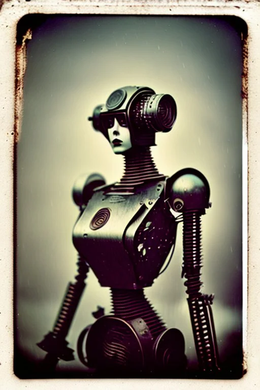 steampunk, vintage analog polaroid of a woman robot, female body, fog, lomography, heavy film grain, rain, color bleed, depth of field, bokeh, retro